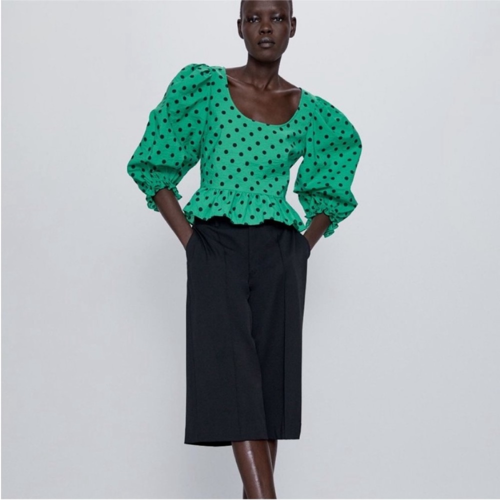 Zara green & black polka dot ballon sleeves ruffle trim blouse Sz L - Picture 1 of 5